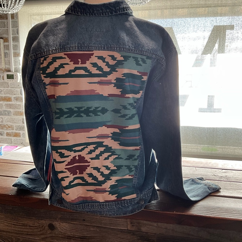 One of a Kind Handmade Denim Jacket with Southwestern Pattern Large